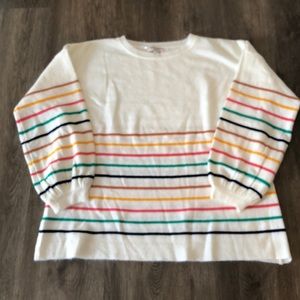 NWOT WHITE SWEATER WITH THIN LIGHT BROWN, YELLOW, CORAL,GREEN AND BLACK STRIPES